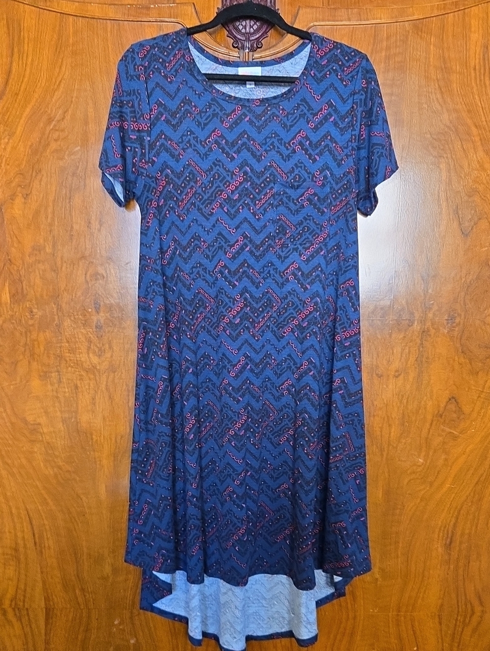 LuLaRoe Navy Blue Chevron Print Short Sleeve Swing Dress with Pink Accents